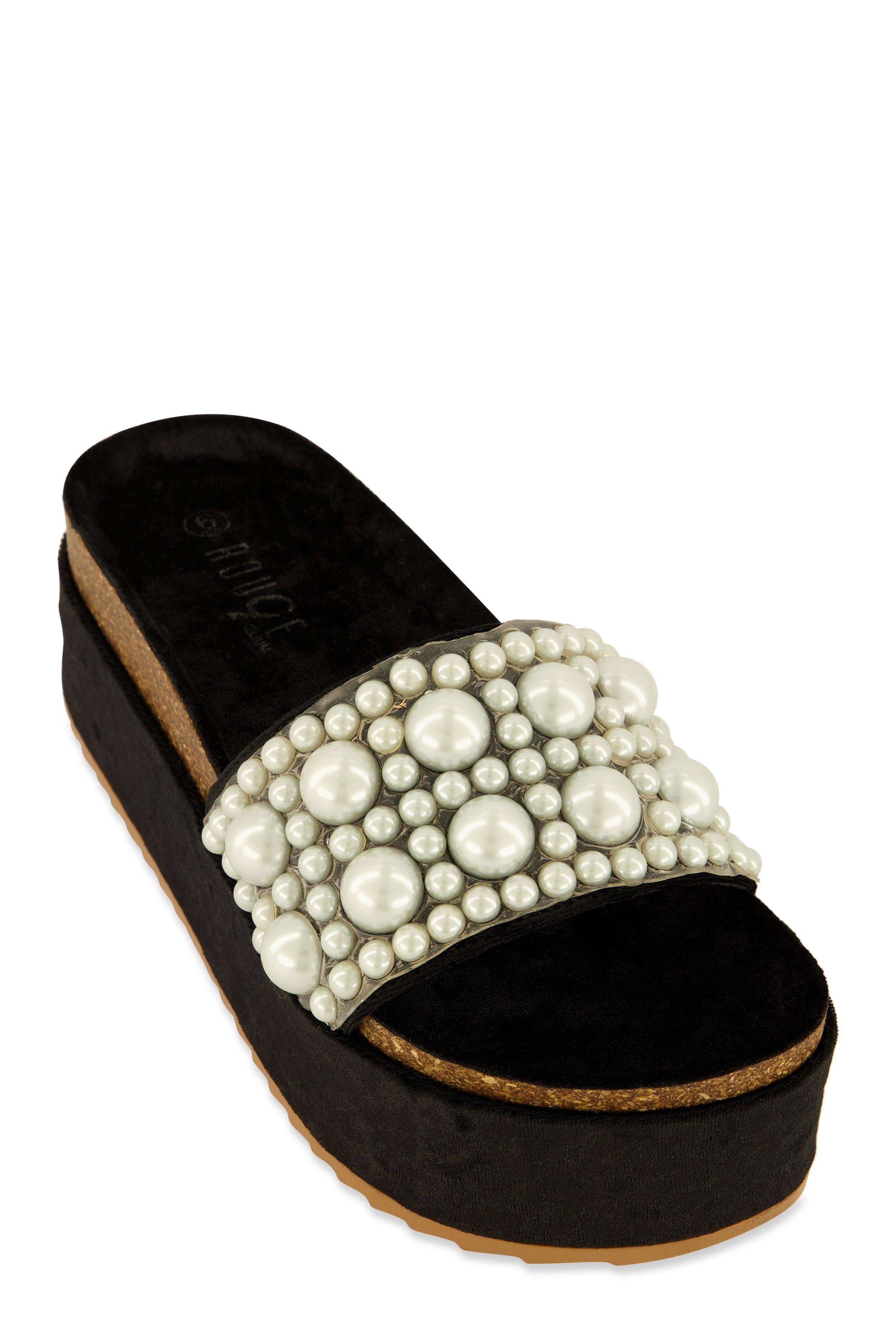 Womens Velvet Faux Pearl Band Platform Slide Sandals Product Image