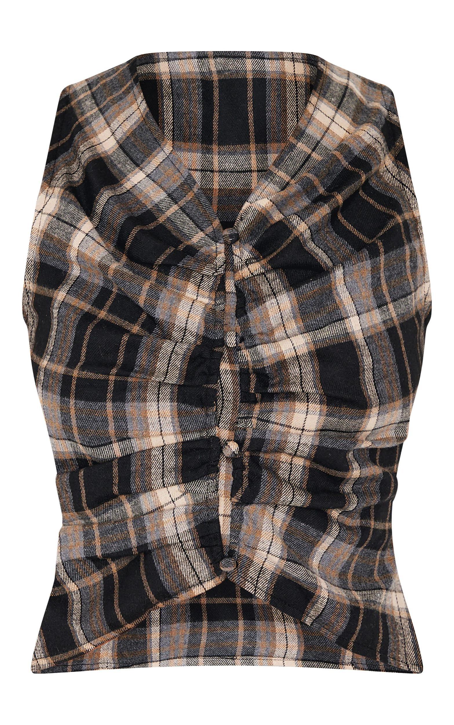 Brown Check Ruched Front Long Top Product Image