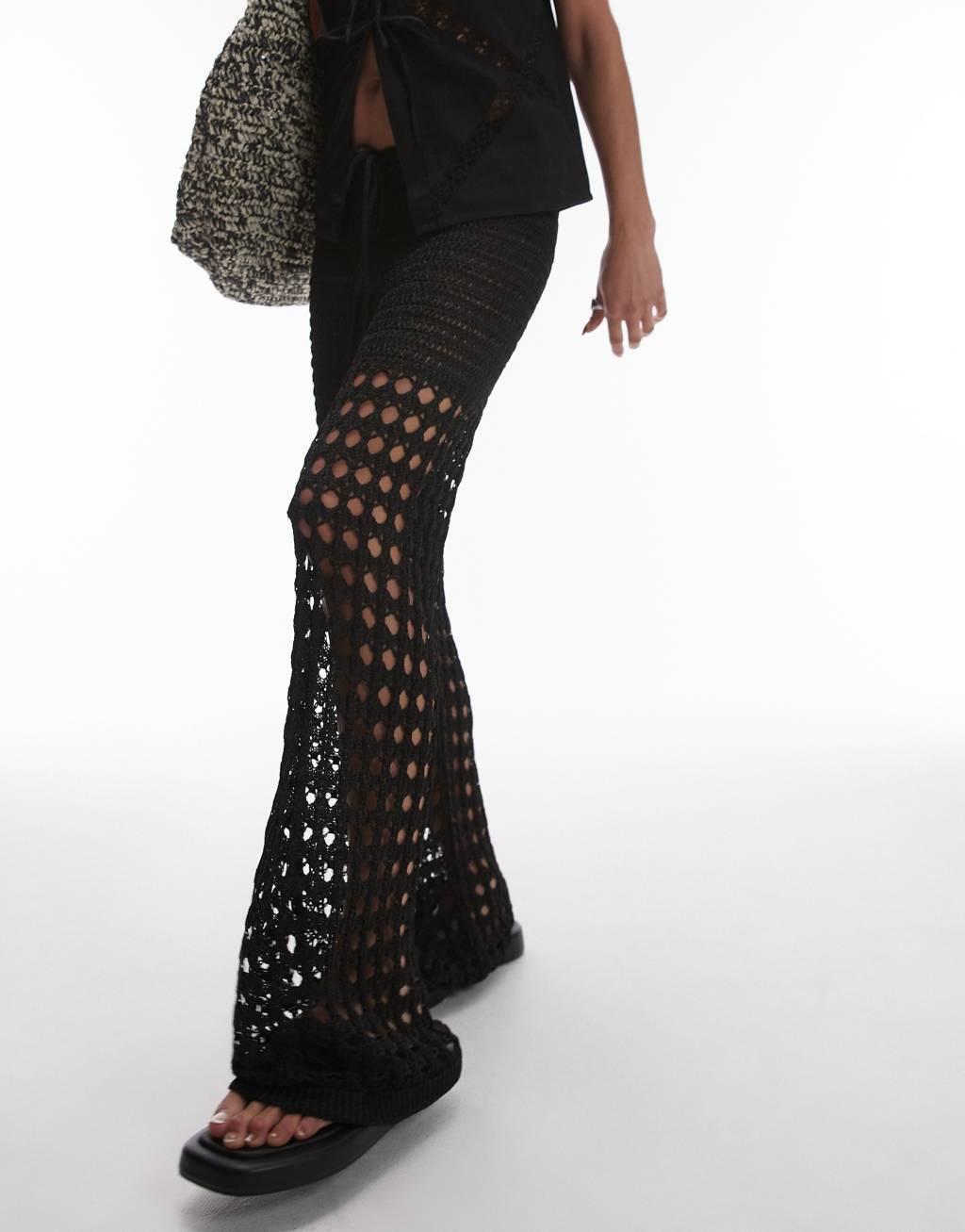 Topshop knitted crochet pants in black Product Image