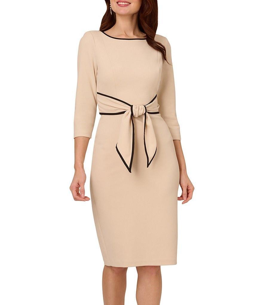 Adrianna Papell Petite Size Contrast Trim Boat Neck 3/4 Sleeve Tie Waist Crepe Dress Product Image