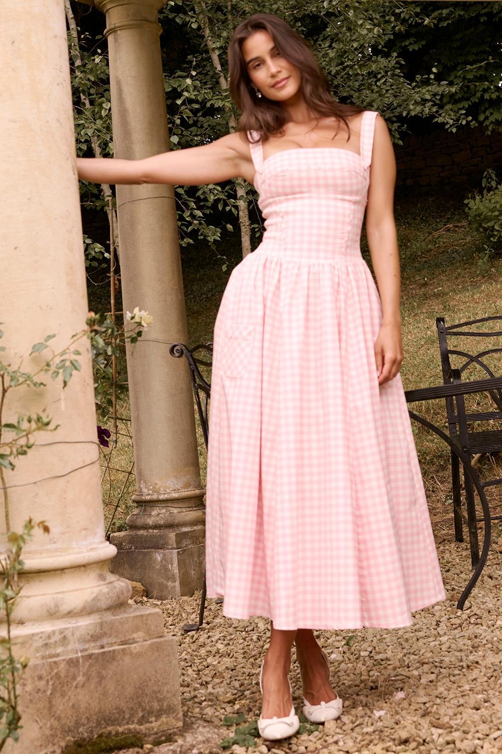 Vivien  strawberry shortcake gingham midi sundress Product Image