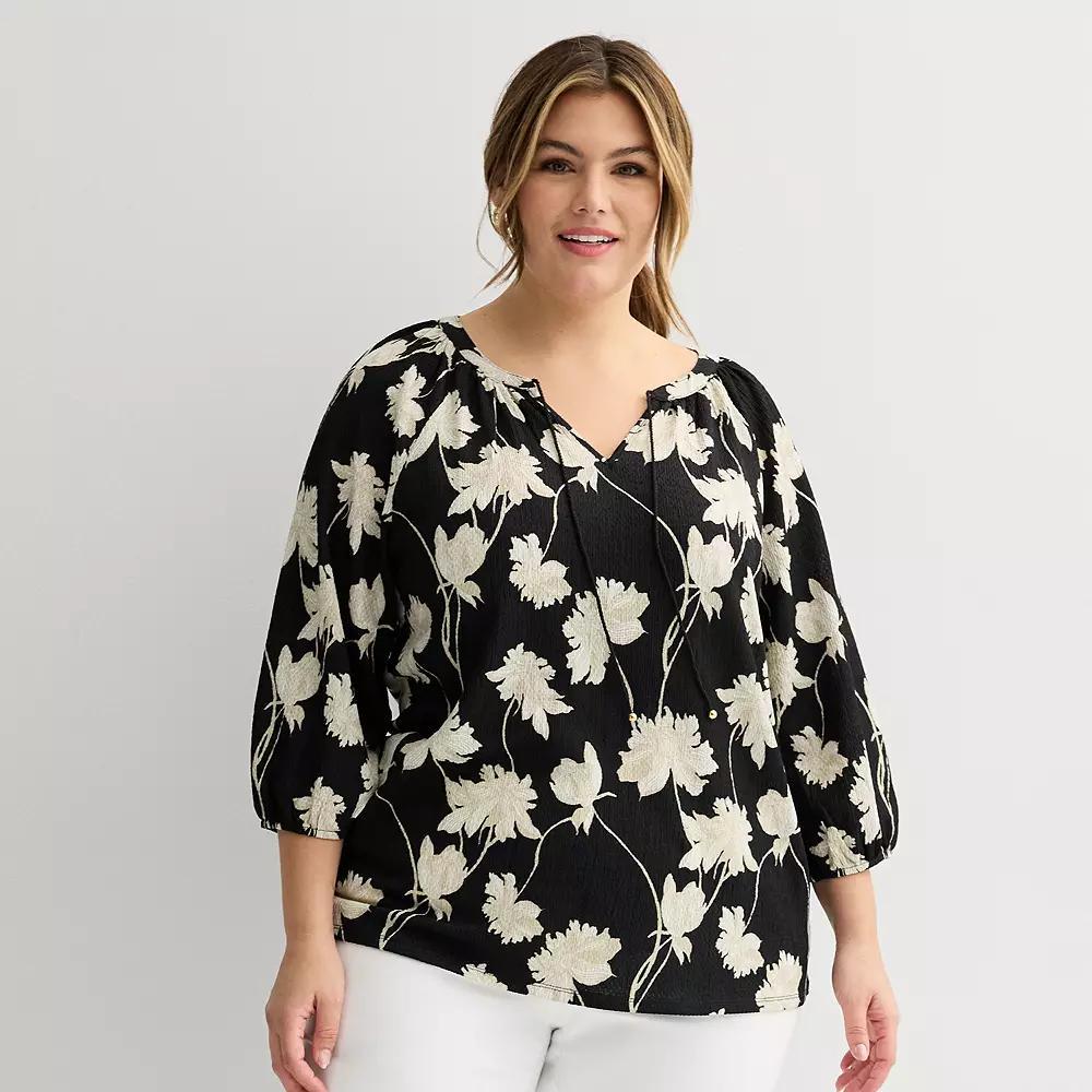 Plus Size Croft & Barrow® 3/4-Sleeve Peasant Top, Women's, Size: 3XL, Black Floral Product Image