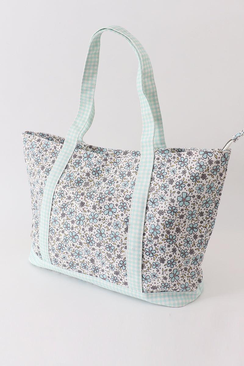 Green floral plaid tote bag Product Image