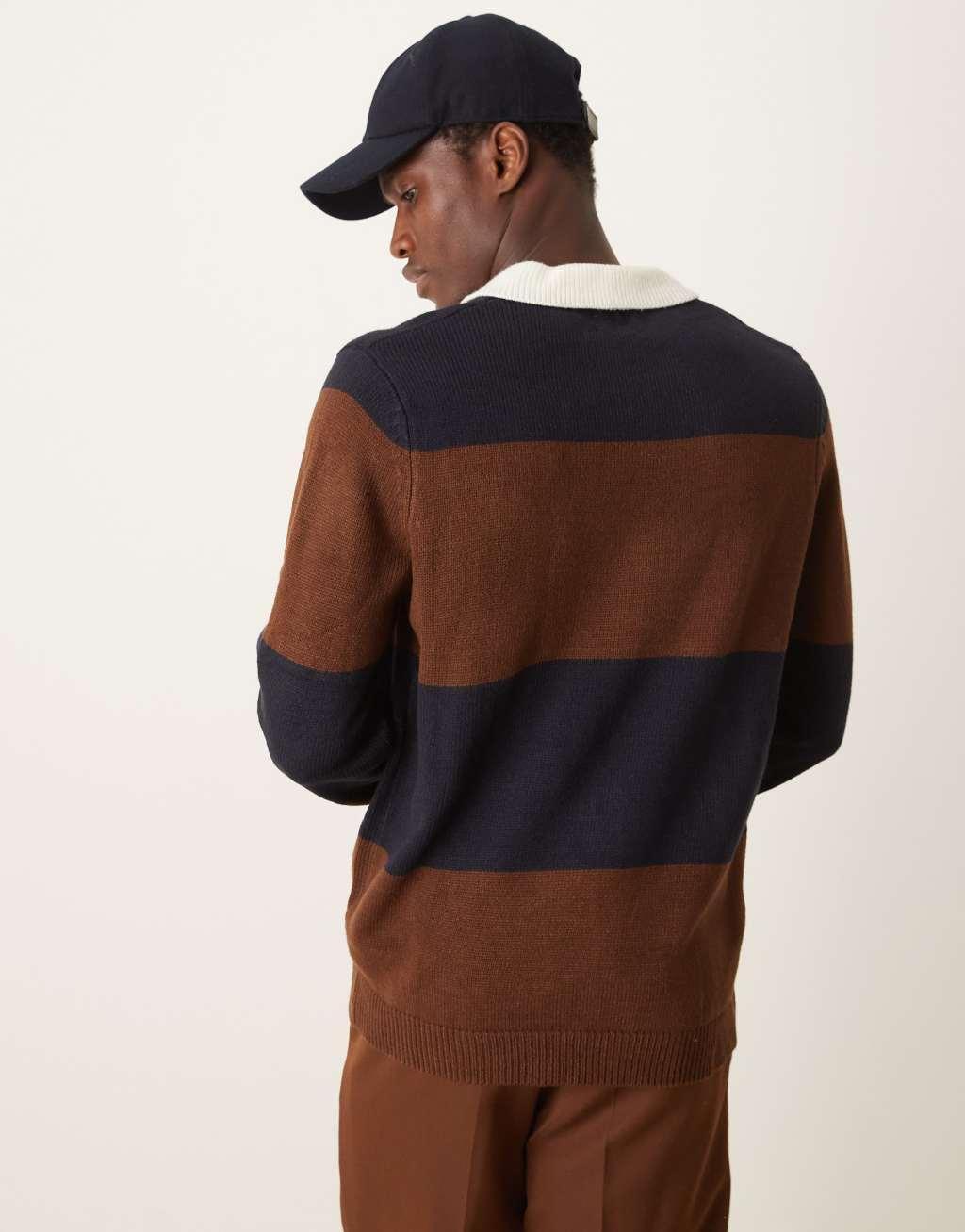 ASOS DESIGN knitted stripe rugby polo in brown and navy rib Product Image