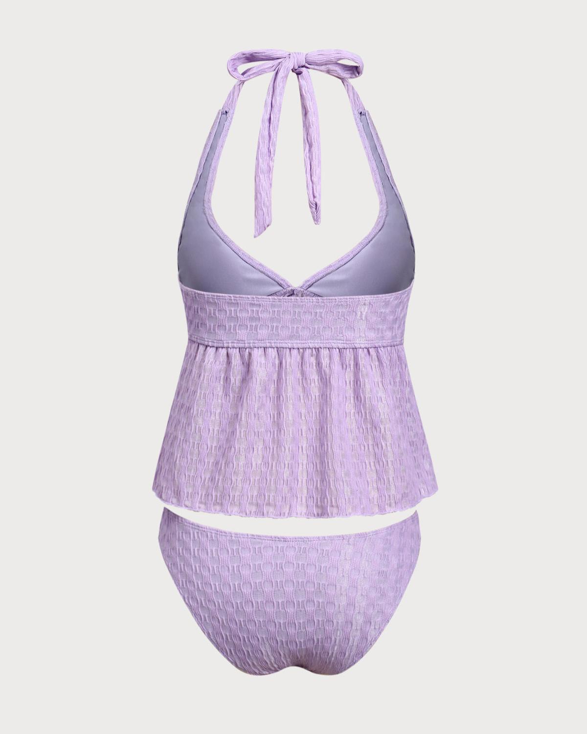 Purple Ruched V-Neck Tankini Swimsuit Product Image