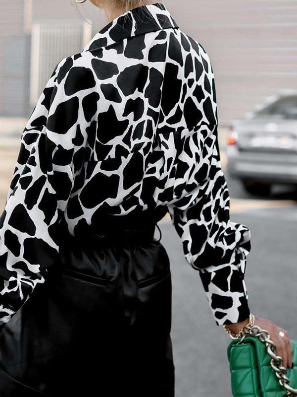 Long Sleeves Loose Contrast Color Printed Lapel Blouses Product Image