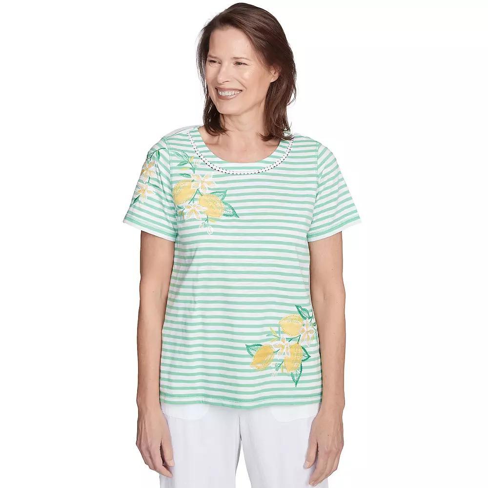 Petite Alfred Dunner Lemon Printed Striped Tee, Womens Green Product Image
