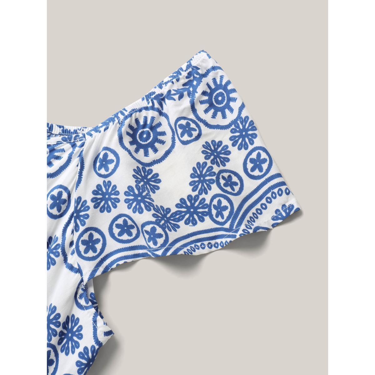 Plus Size Geometric Print Pockets Flowy Midi Dress DarkBlue Women Boho Heart neckline Cap Sleeve Curvy BloomChic 12/L Product Image