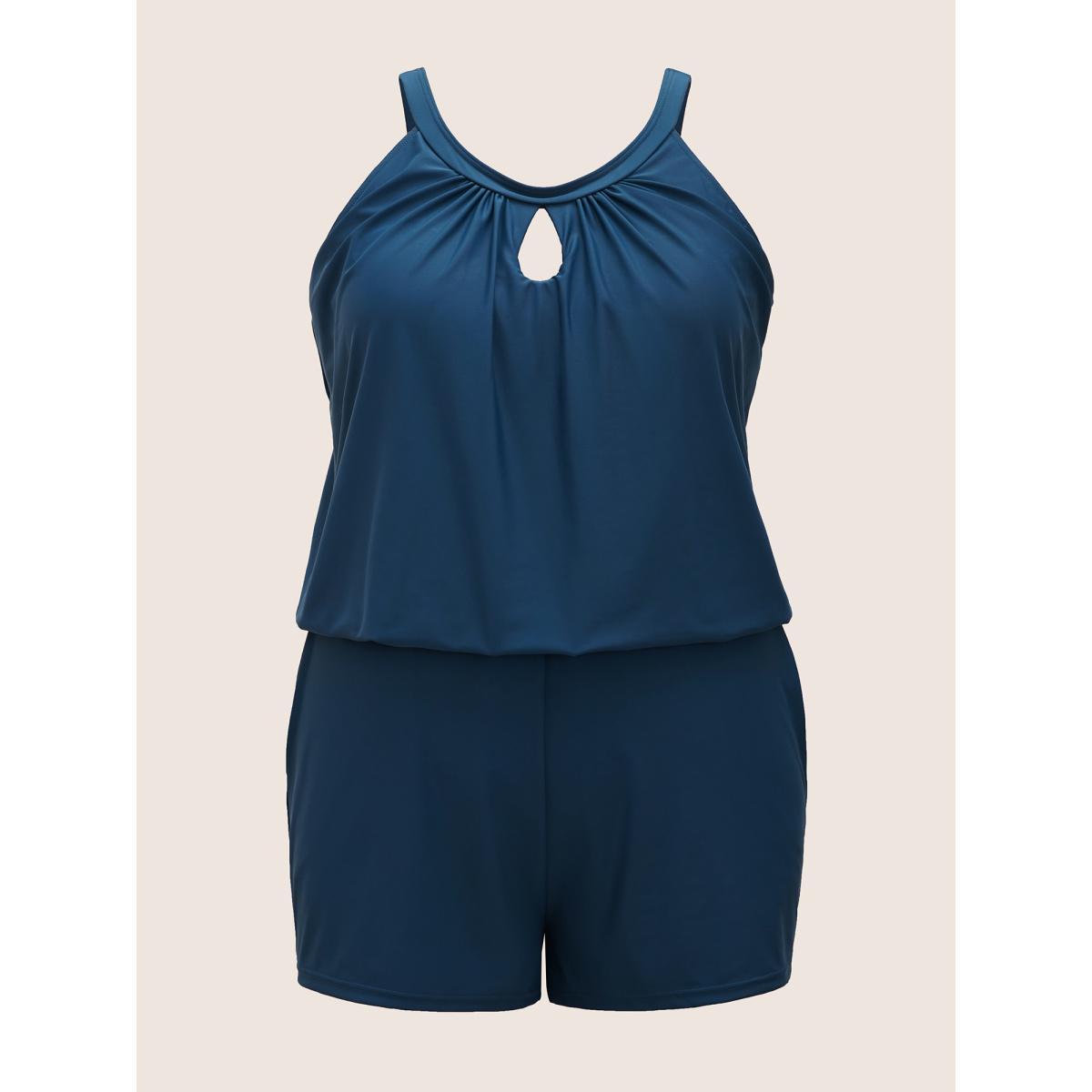 Plus Size Solid Keyhole Elastic Waist Gathered One Piece Swimsuit Women's Swimwear Indigo Resort Gathered Curve Bathing Suits High stretch One Pieces BloomChic 26/4X Product Image