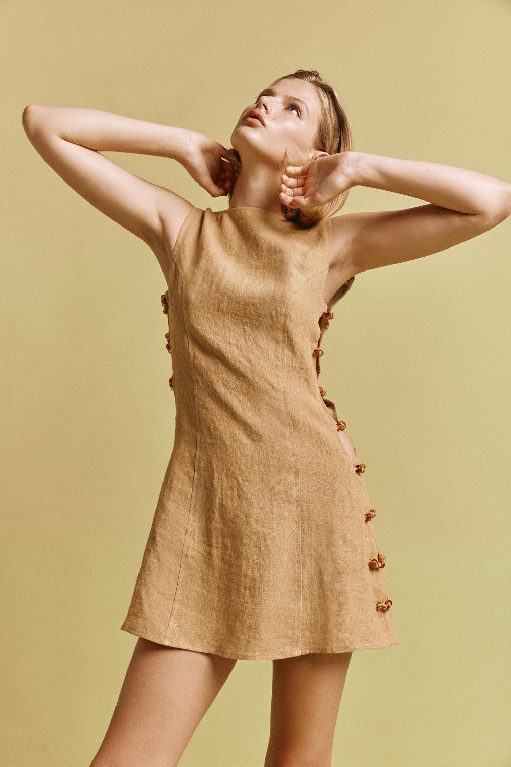 Tia Linen Mini Dress Ochre Product Image