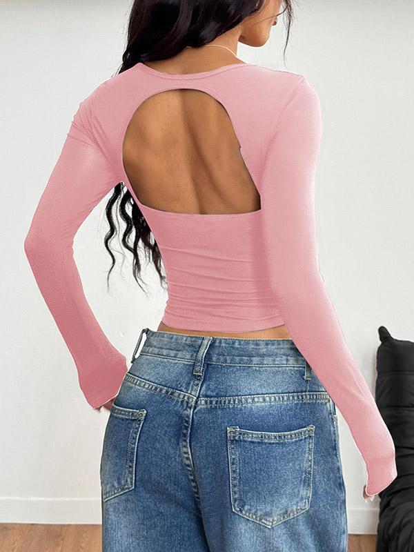 Long Sleeves Skinny Backless Pleated Solid Color Square-Neck T-Shirts Tops Product Image