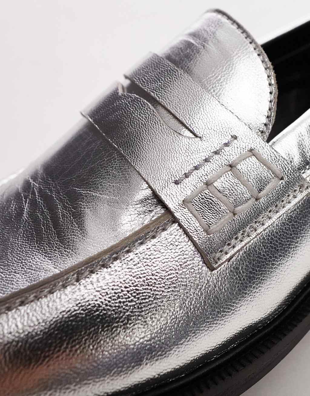 Topshop Callie leather loafers in silver Product Image