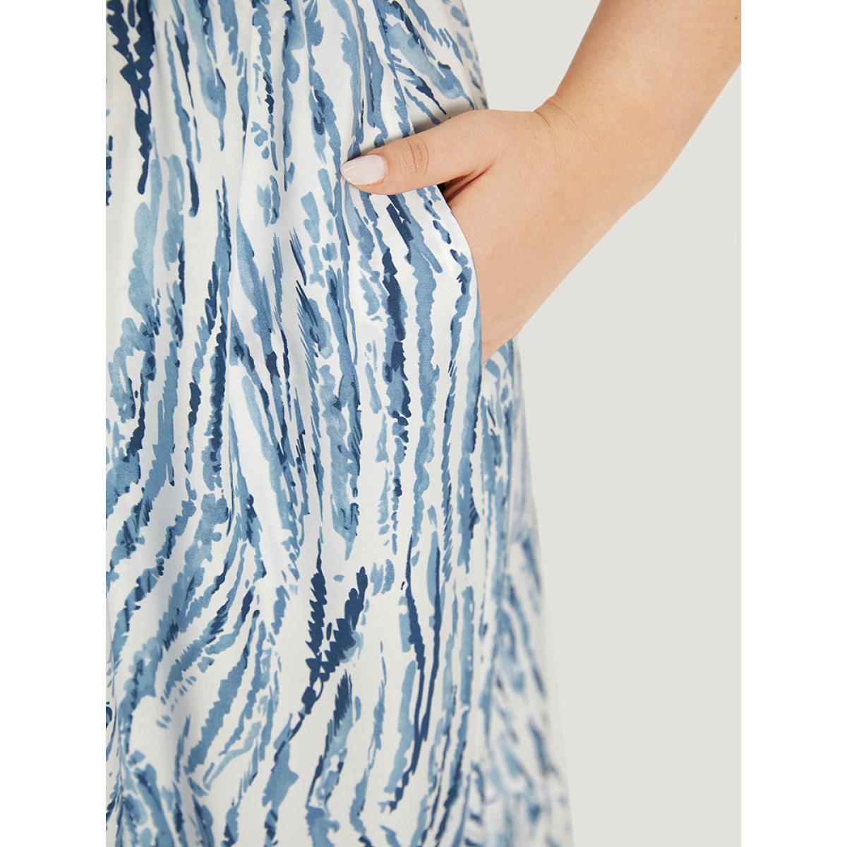 Plus Size Geometric Print Drawstring Pocket Dolman Hem Dress Blue Women Elegant Drawstring V-neck Short sleeve Curvy Midi Dress BloomChic 10/M Product Image