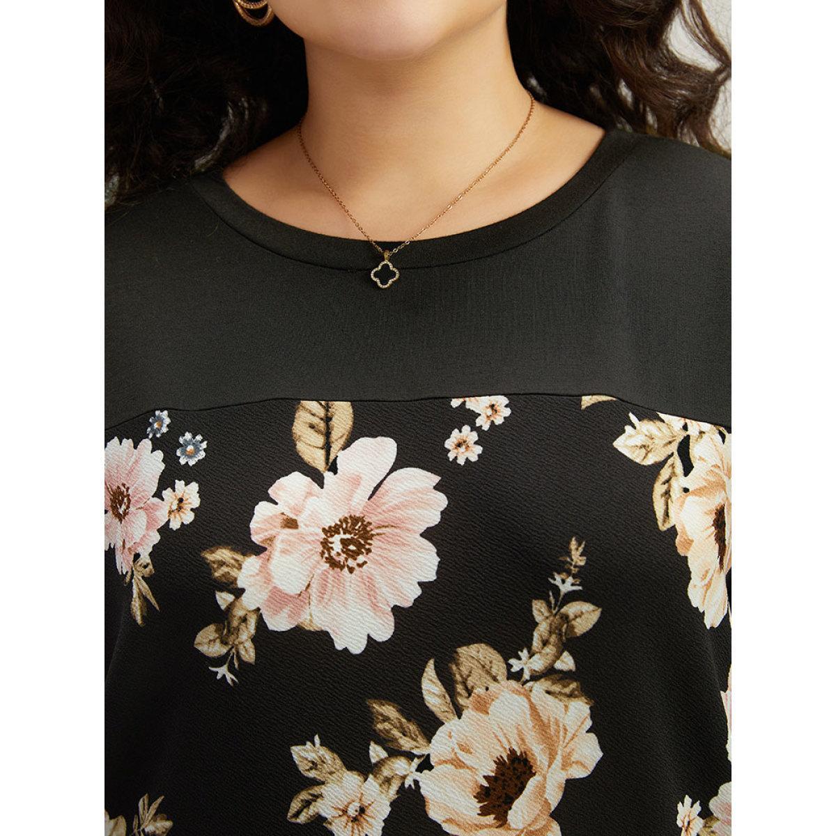 Plus Size Floral Print Patchwork Round Neck Sweatshirt Women Black Elegant Patchwork Round Neck Dailywear Sweatshirts BloomChic 10/M Product Image