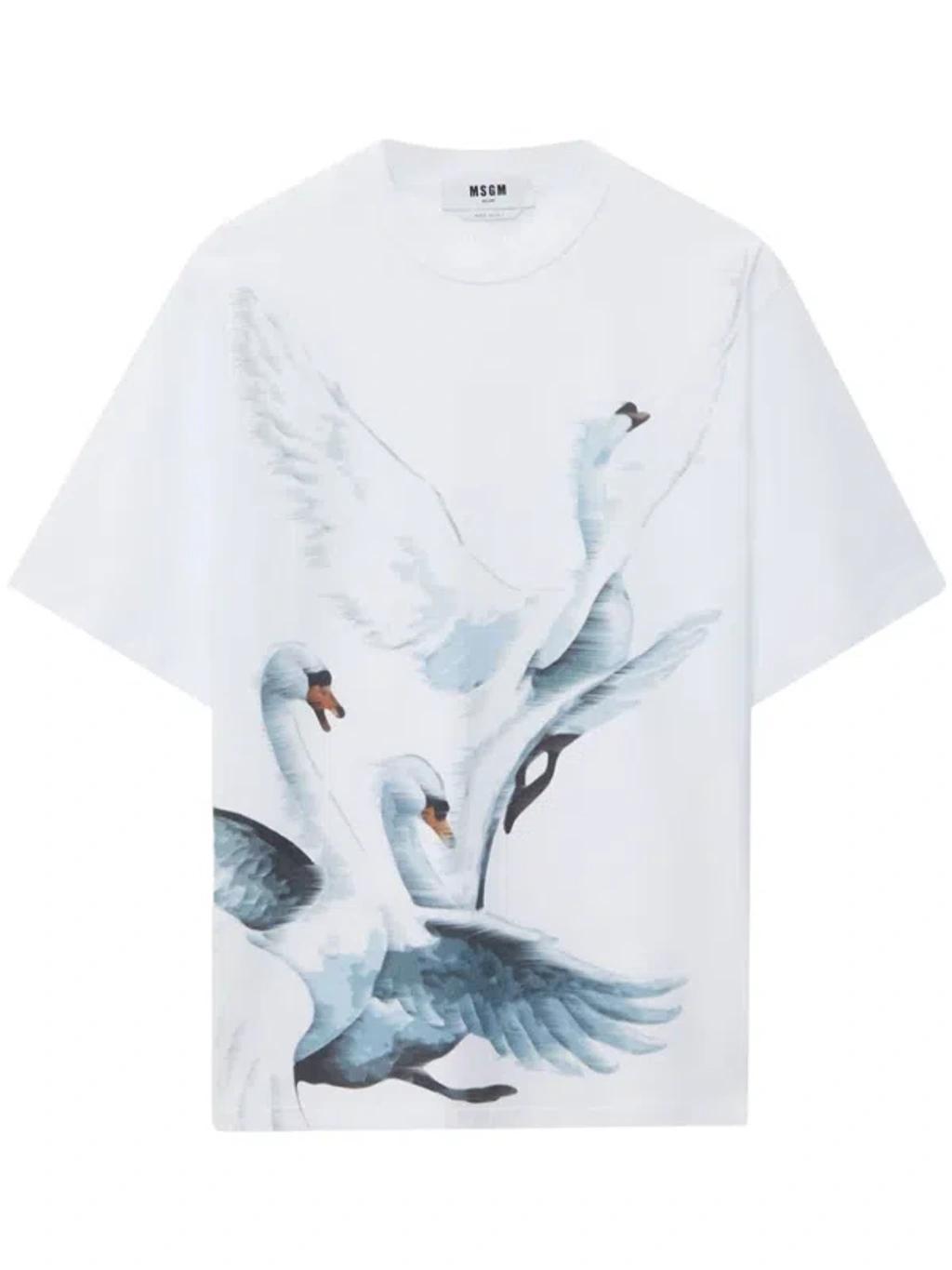 MSGM Swan-print Cotton T-shirt In Weiss Product Image