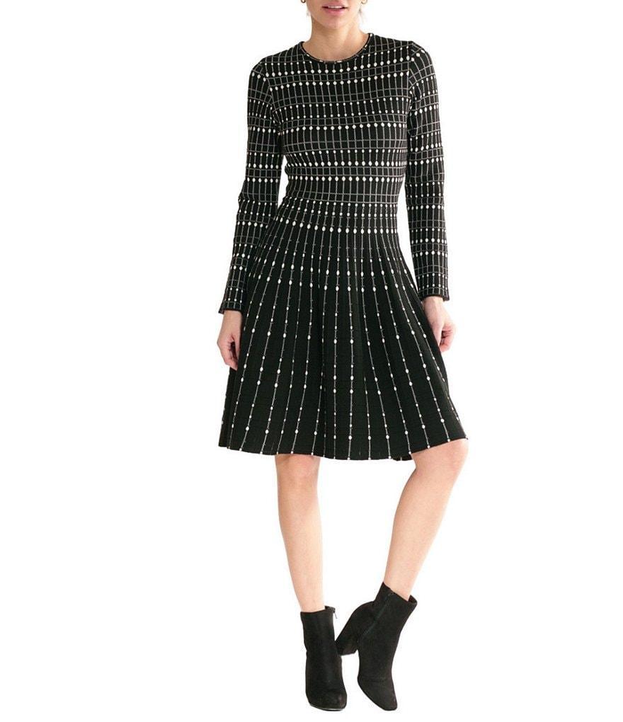 Julia Jordan Round Neck Dotted Long Sleeve Knit A-Line Dress Product Image