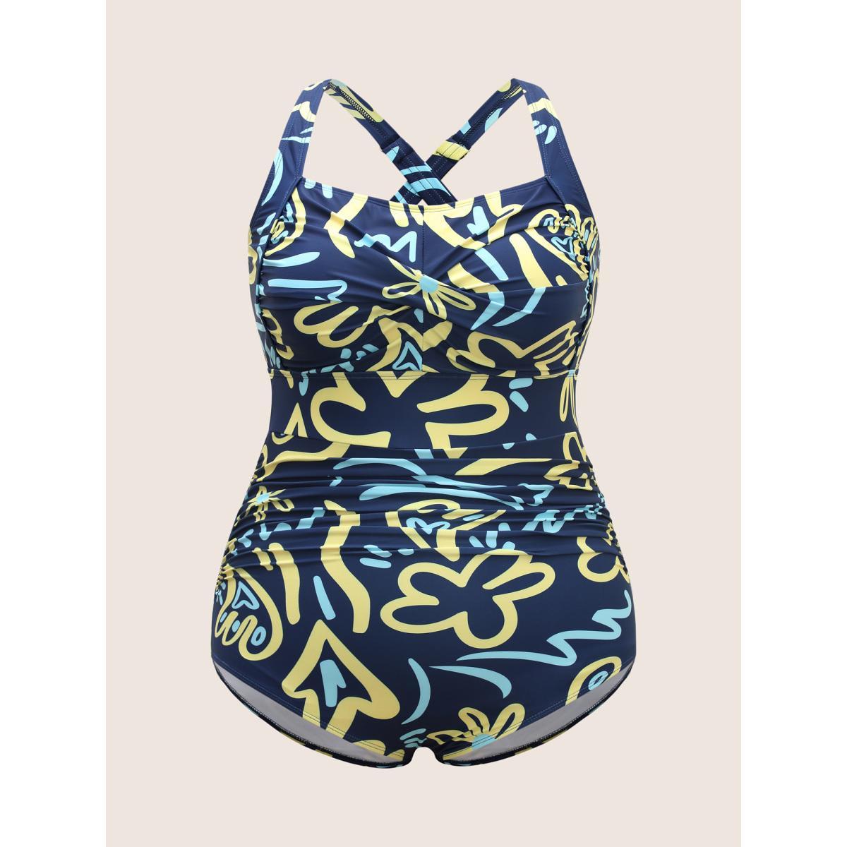 Plus Size Contrast Floral Heart Neckline Twist Front One Piece Swimsuit Women's Swimwear Aegean Beach Twist Curve Bathing Suits High stretch One Pieces BloomChic 28/5X Product Image