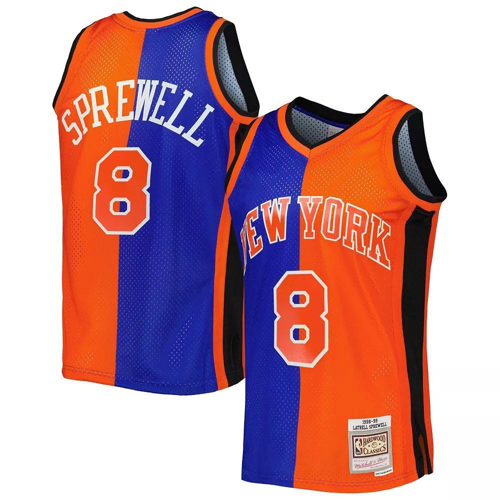 Men's Mitchell & Ness Latrell Sprewell Blue/Orange New York Knicks Hardwood Classics 1998-99 Split Swingman Jersey, Size: Small Product Image