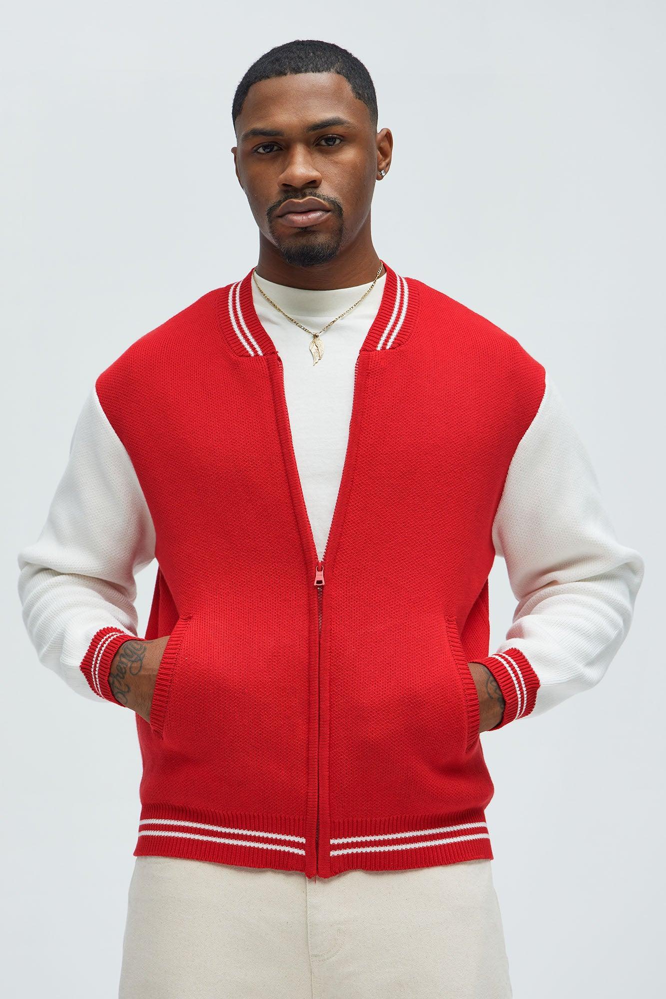 Caspian Knitted Varsity Jacket - Red/combo Product Image