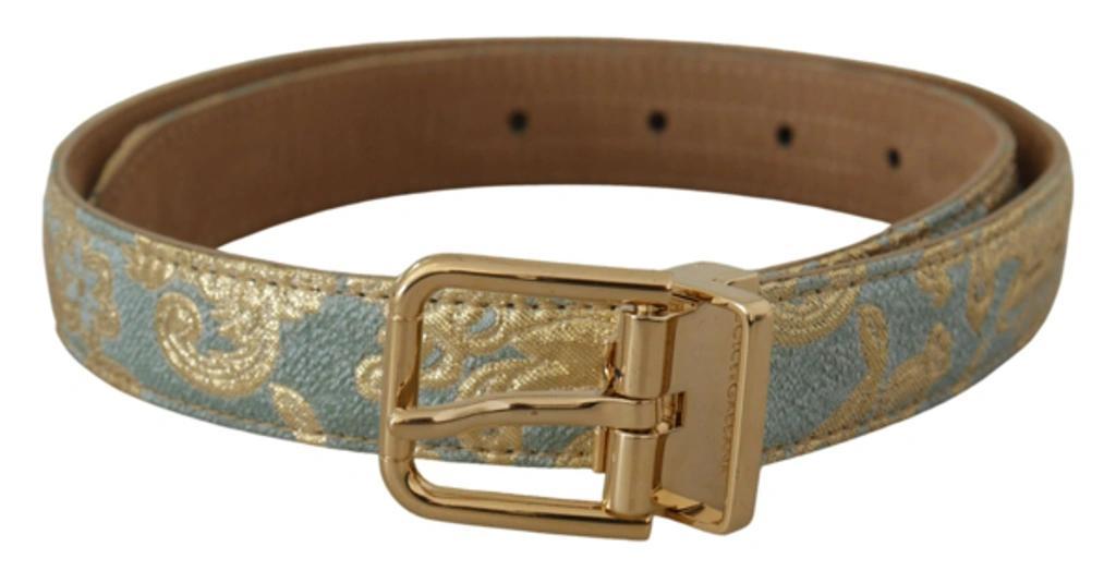 DOLCE & GABBANA Blue Leather Jacquard Embossed Gold Metal Buckle Belt In Light Blue Product Image