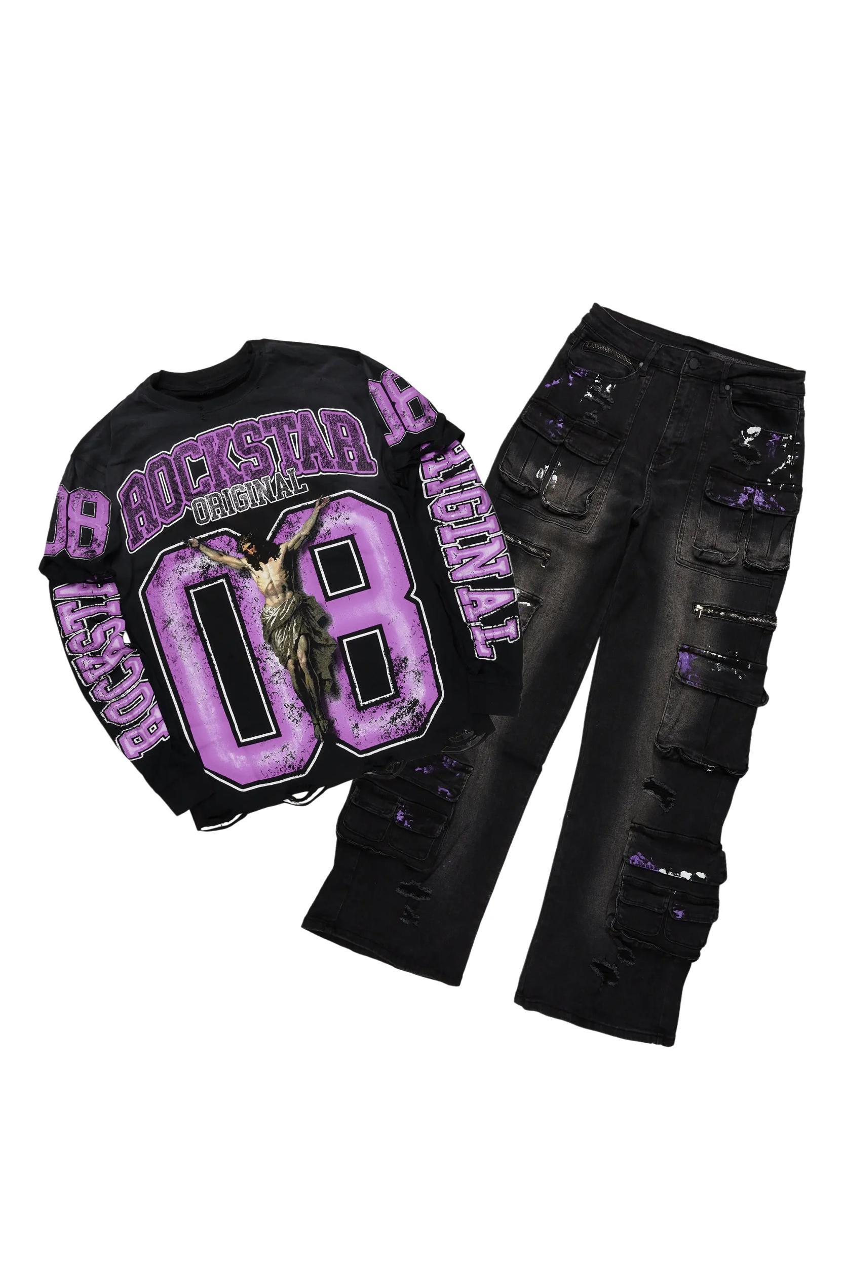 Fields Black/Purple Double Layer T-Shirt/Stacked Baggy Track Pant Set Male Product Image