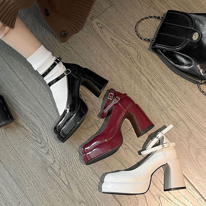 Platform Ankle Strap Patent Leather Block Heel Pumps Product Image