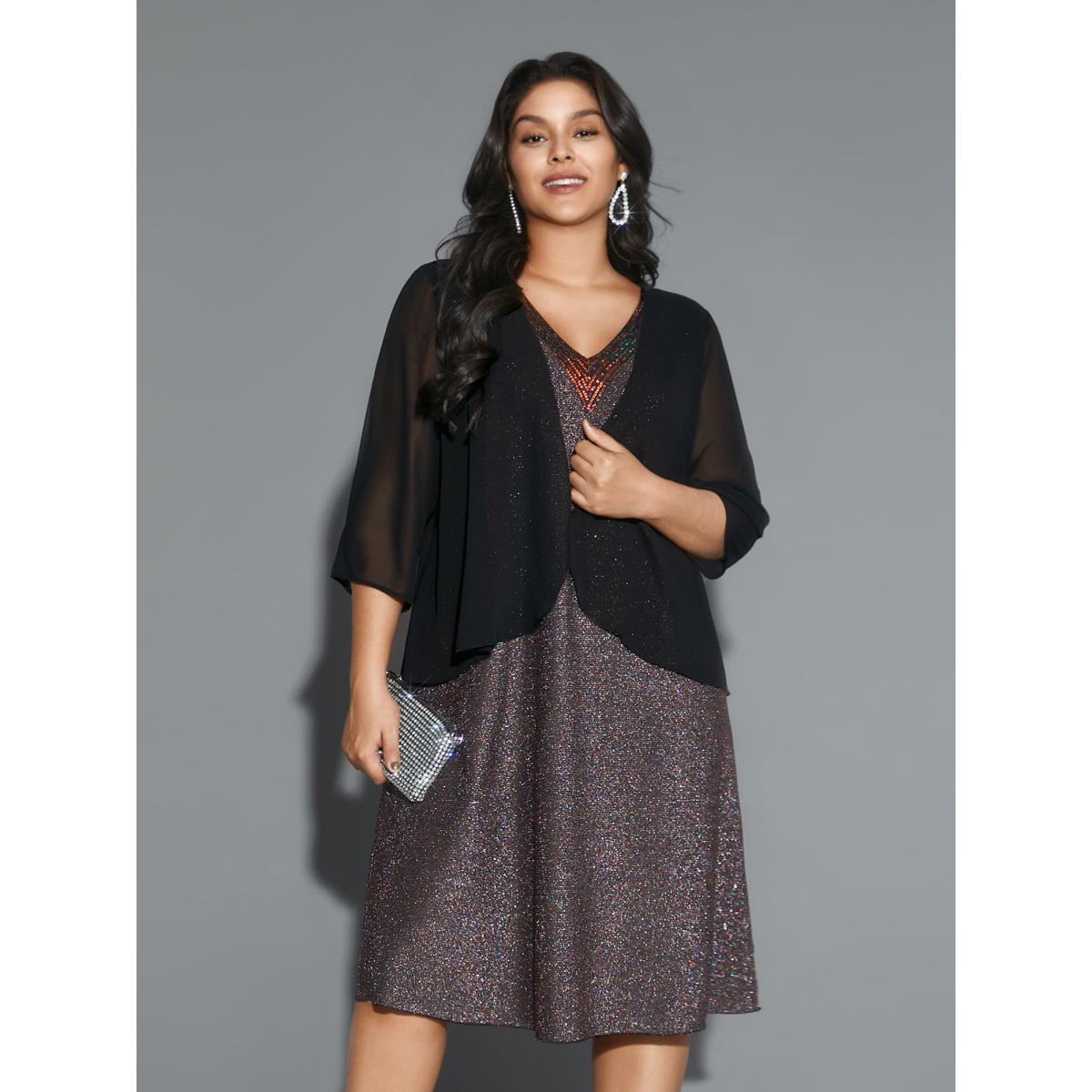 Plus Size 2-In-1 Sequin Patchwork Mesh Dress Black Women Cocktail Texture Party Curvy Bloomchic 14-16/1X Product Image