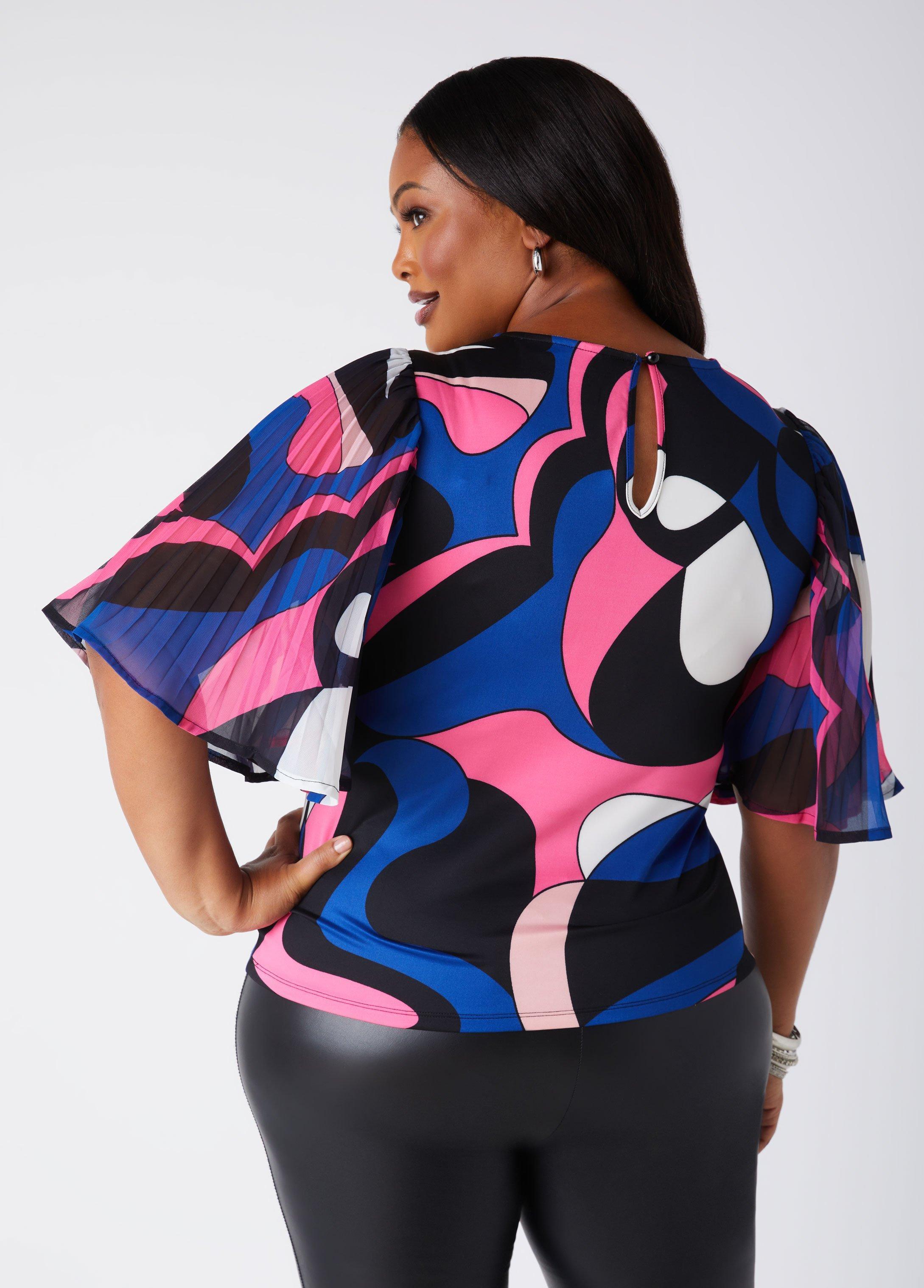 Plus Size Pleated Paneled Abstract Print Top Ashley Stewart Product Image