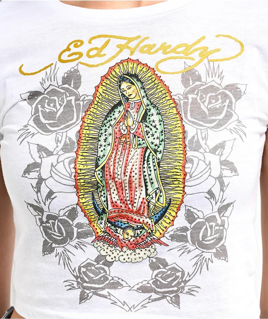 Ed Hardy Mary Rhinestone White Crop T-Shirt Product Image