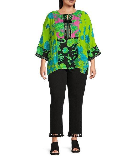 John Mark Plus Size Embroidered Printed Split Round Neck 3/4 Dolman Sleeve Tassel Tie Tunic Product Image