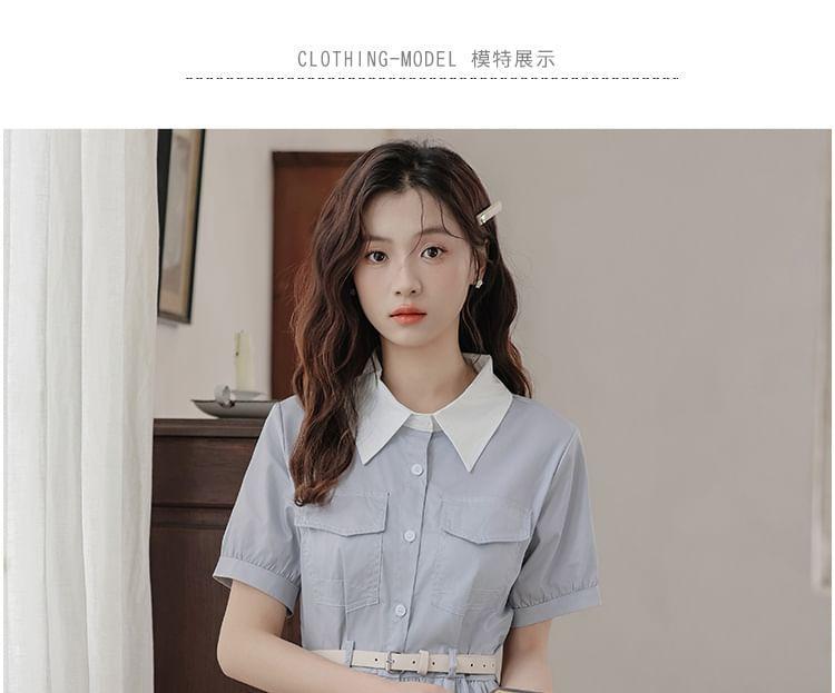 Short-Sleeve Collared Plain Midi A-Line Dress Product Image