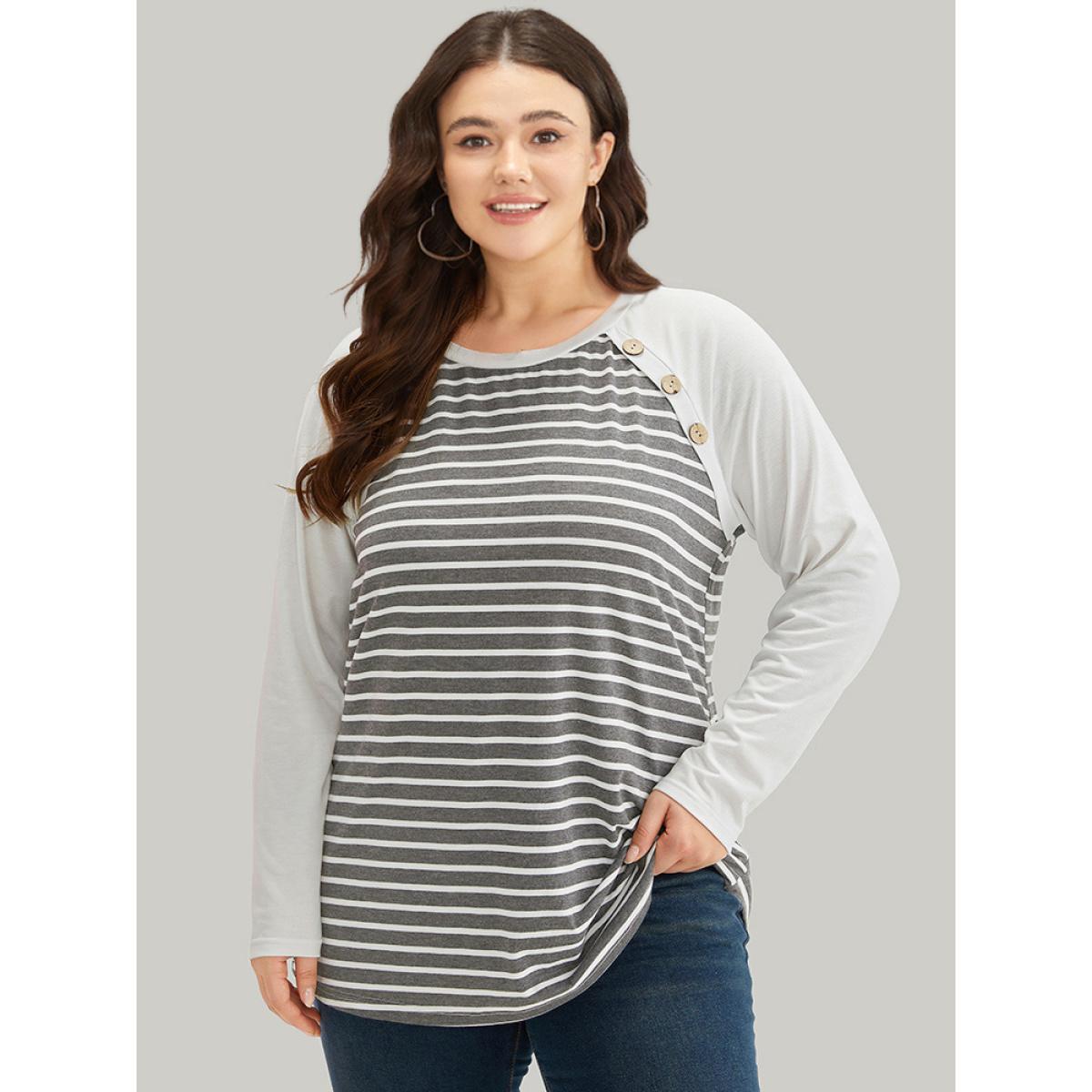 Plus Size Striped Patchwork Button Detail Raglan Sleeve T-shirt Gray Women Casual Patchwork Striped Round Neck Dailywear T-shirts BloomChic 12/L Product Image