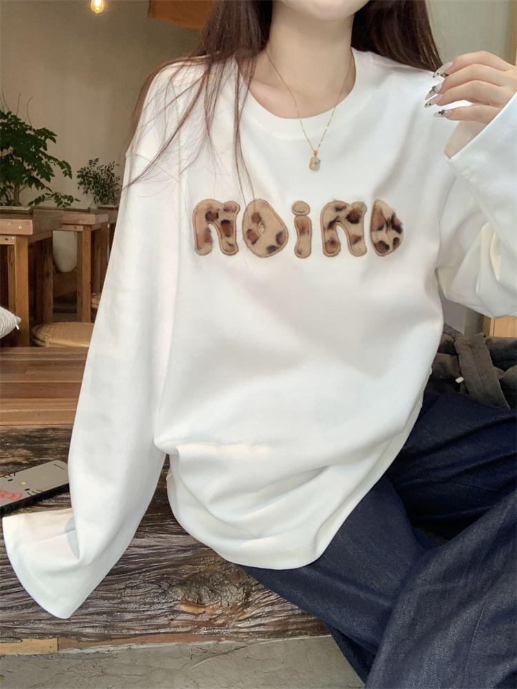 Long-Sleeve Round Neck Lettering Embroidered T-Shirt Product Image