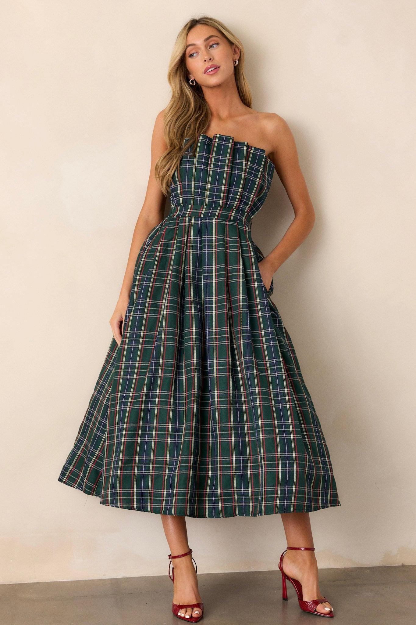 The Genevieve Green Plaid Strapless Midi Dress Product Image