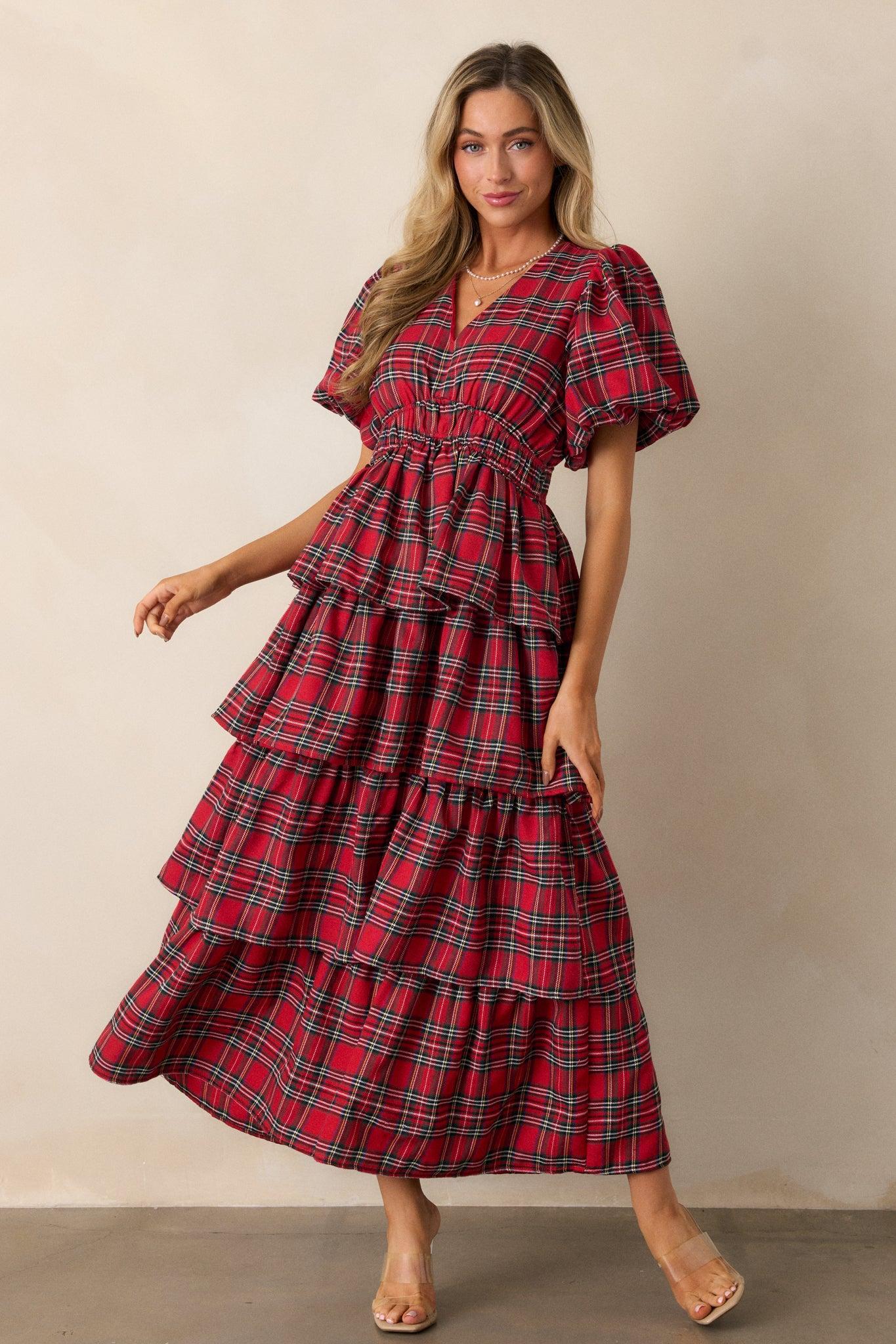 Ribbons of Light Red Plaid Tiered Maxi Dress Product Image