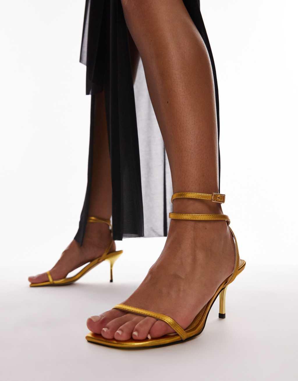 Topshop Wide Fit Fina barely there mid heeled sandals in gold Product Image