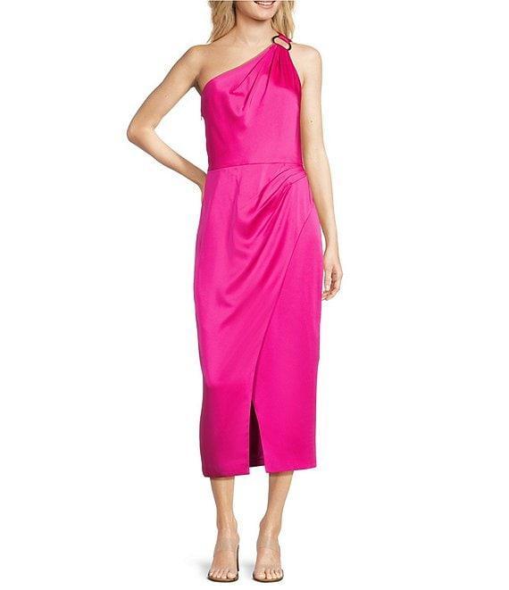 Alex Marie Shirley Satin Asymmetric One Side Sleeveless Sheath Wrap Midi Dress Product Image