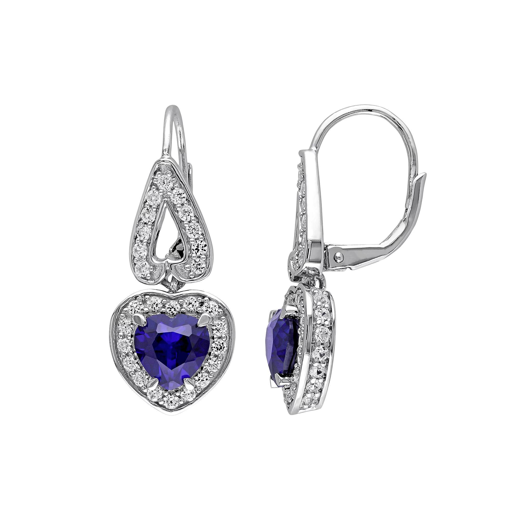 Stella Grace Lab-Created Blue & White Sapphire Sterling Silver Heart Drop Earrings, Women's Product Image