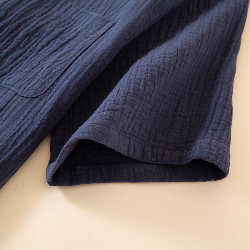 Pajama Set: Short-Sleeve Lapel Collar Plain Button Top + Lounge Shorts Product Image