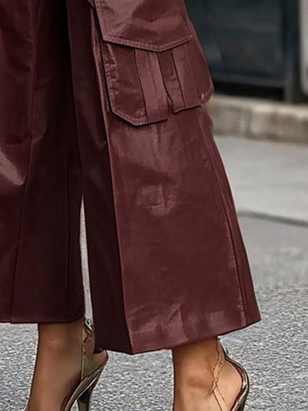 Loose Wide Leg Pleated Pockets Solid Color Split-Joint Pants Trousers Product Image