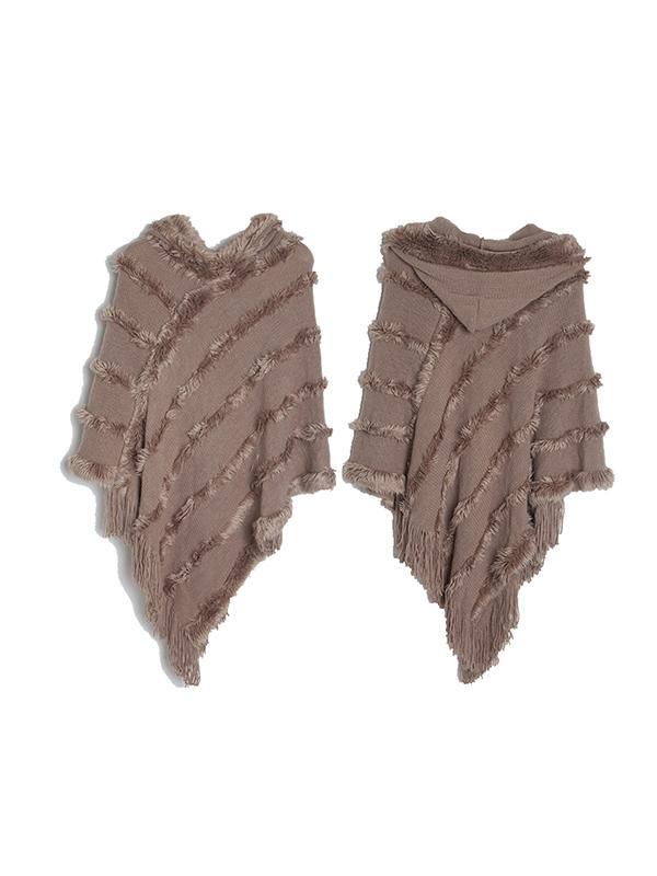 Hooded Keep Warm Solid Color Tasseled Cape Shawl&Cloak Product Image