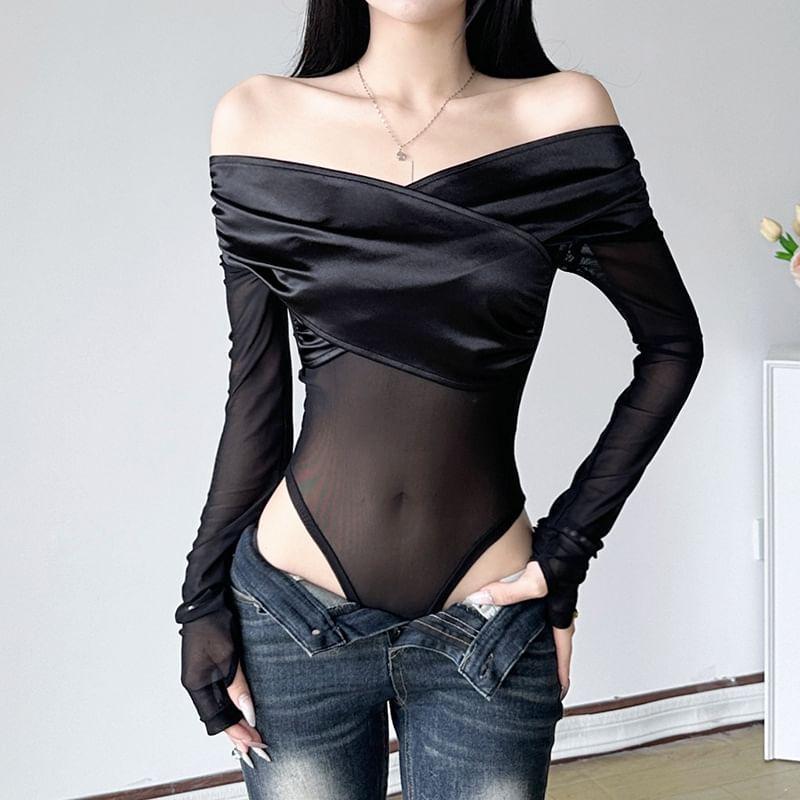 Long-Sleeve Off Shoulder Sheer Bodysuit Top Product Image