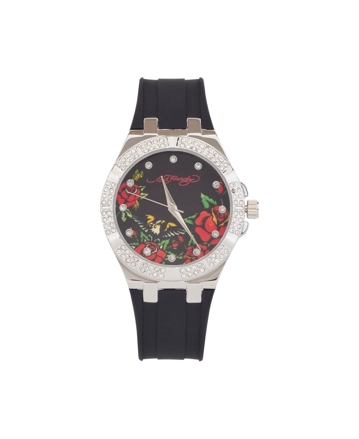 Ed Hardy Womens Crystal Accent Rose Dial Black Silicone Strap Watch Product Image