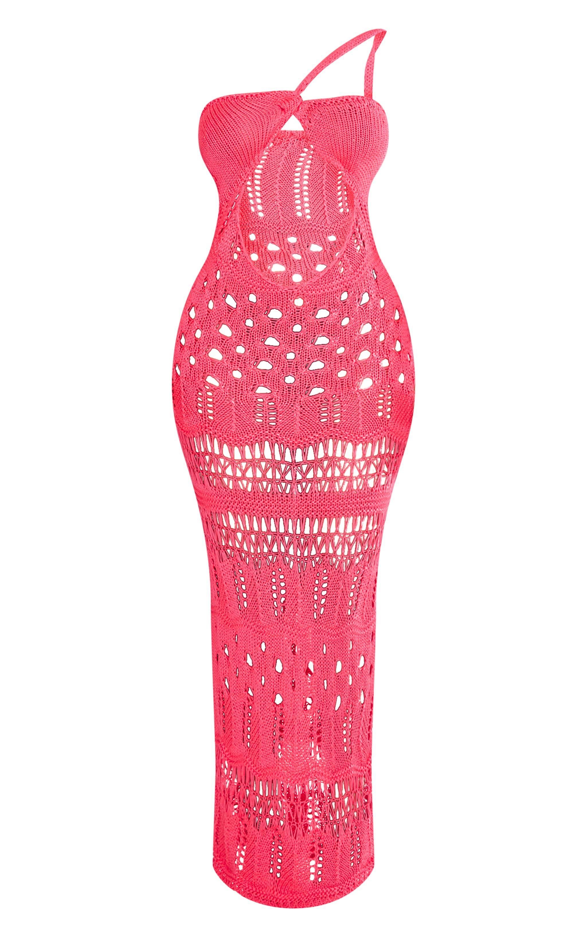 Shape Hot Pink Knit Asymmetric Cut Out Maxi Dress Product Image