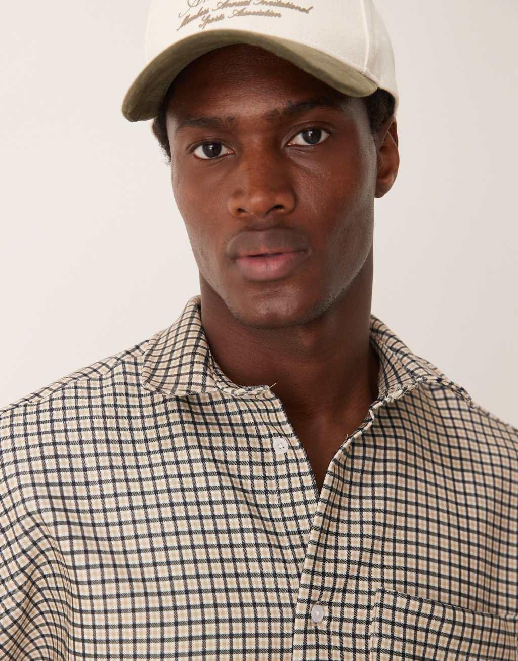 ASOS DESIGN volume oversized cropped shirt in neutral check Product Image