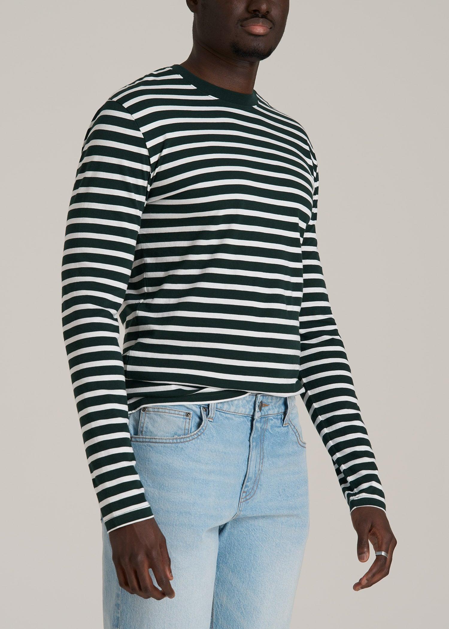 Long Sleeve Striped Tee for Tall Men in Emerald and White Stripe Male Product Image