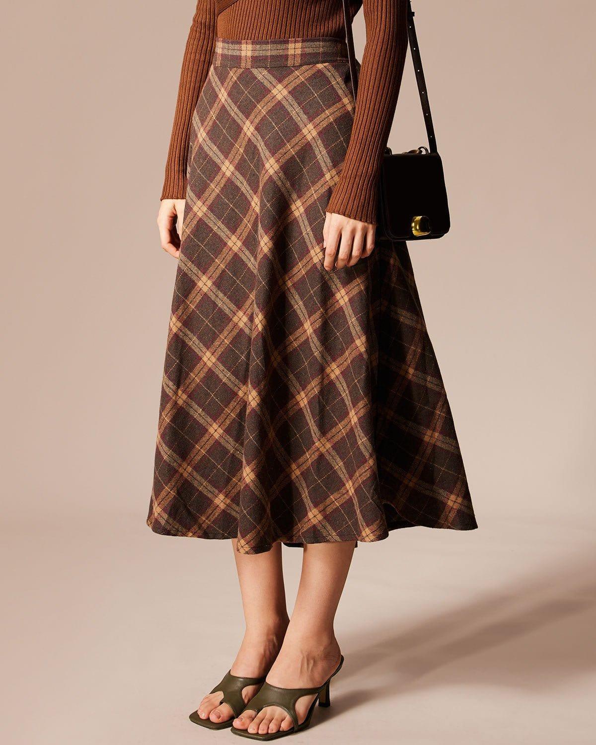 The Brown Elastic Waist Plaid A-Line Midi Skirt Product Image