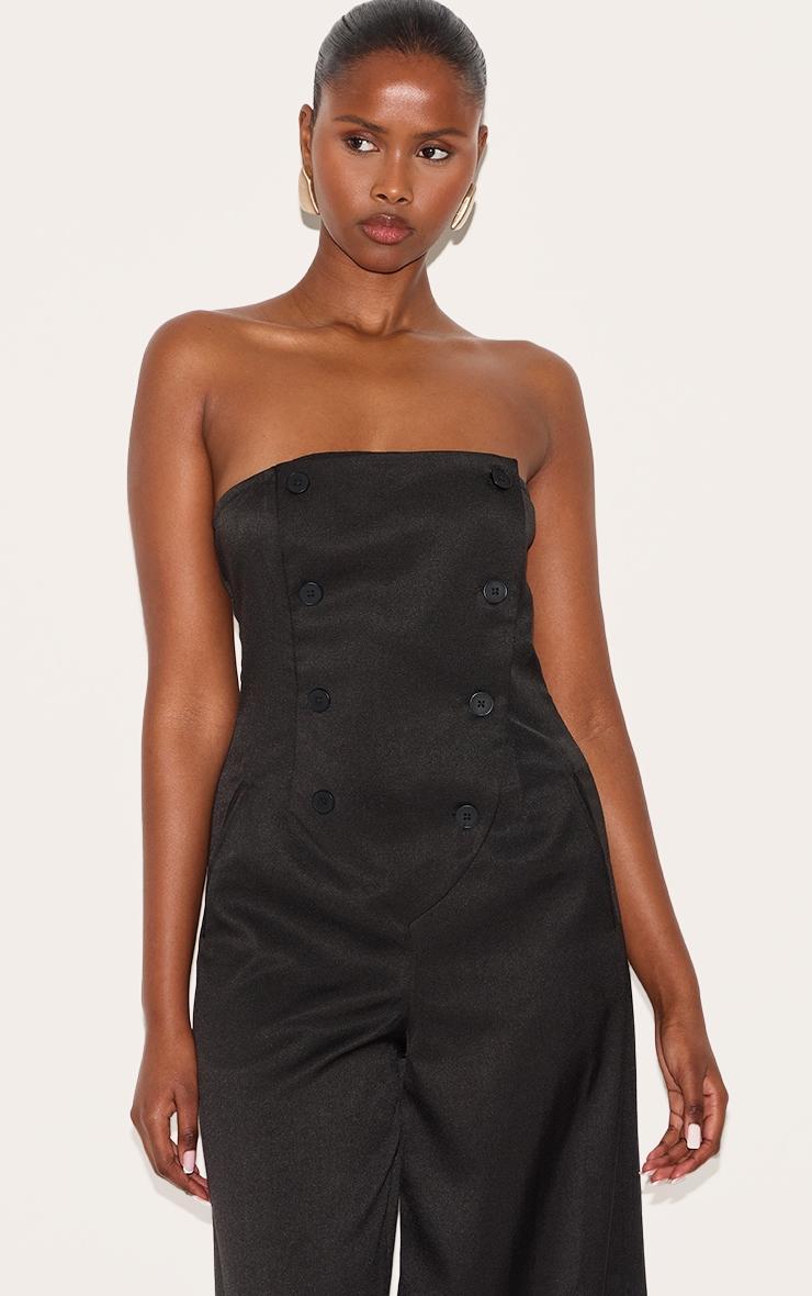 Black Tailored Woven Button Up Wide Leg Bandeau Jumpsuit Product Image