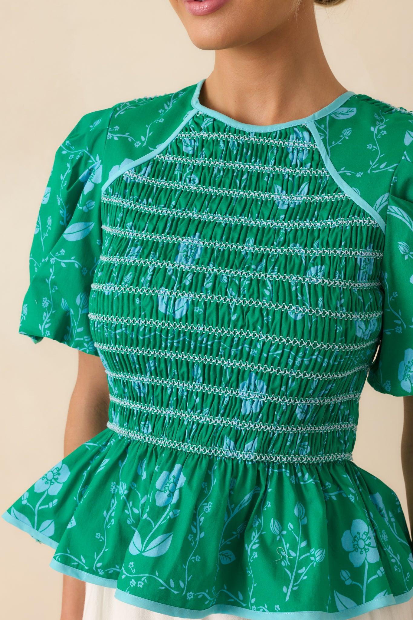 Here And There Kelly Green Floral Print Cotton Peplum Top Product Image