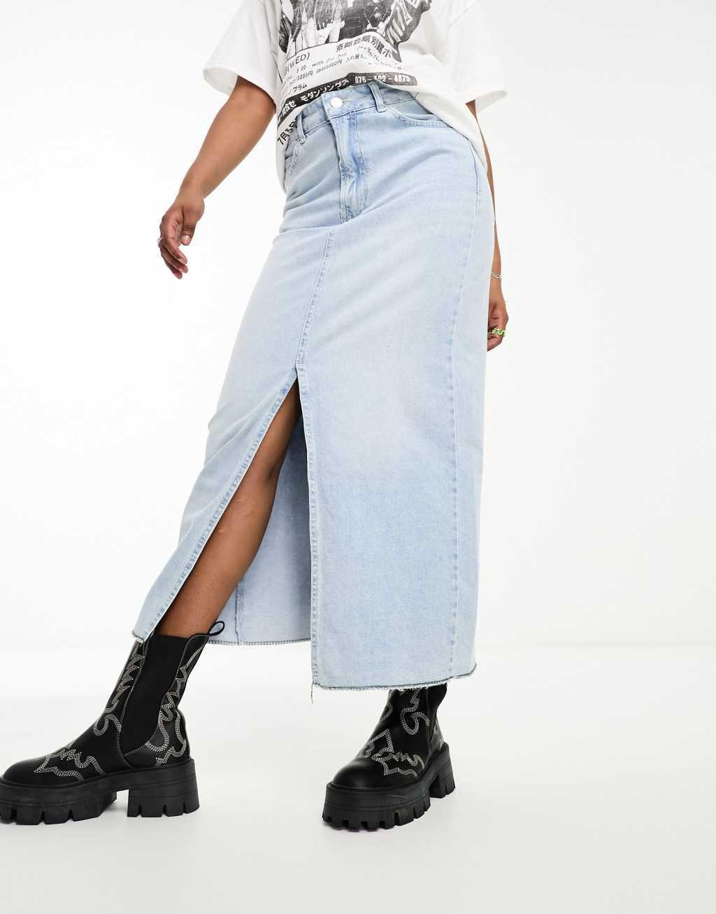 Bershka raw hem split hem denim midi skirt Product Image